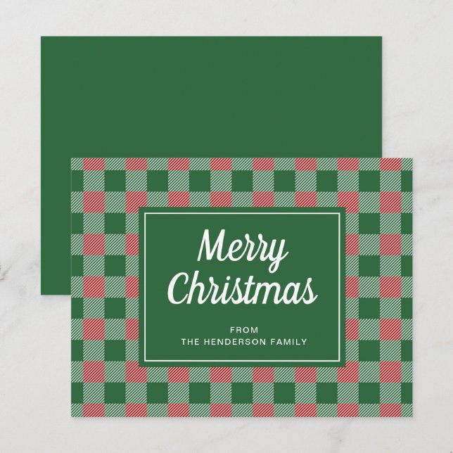 Carte Postale Vert festif à carreaux Joyeux Noël Script  (Devant / Derrière)