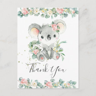 Carte Postale Vert floral rose Cute Koala Merci 