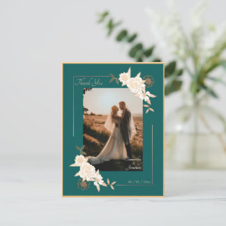 Carte Postale Vert foncé avec Rose Mariage Merci de crème