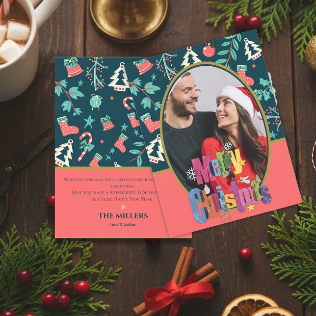 Carte Postale Vert foncé Élégant Joyeux Noël Photo Salutation (Dark Green Elegant Merry Christmas Photo Greeting Postcard)