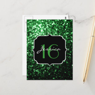 Carte Postale Vert foncé faux paillettes scintillent Sweet 16