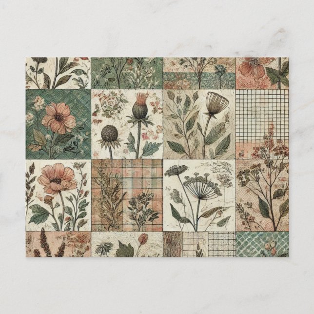 Carte Postale Vert Patchwork rose rose Floral Design Quilé (Devant)
