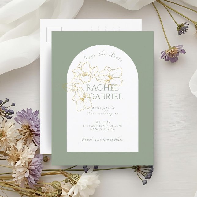 Carte Postale Vert sage | Boho Arch Gold Floral Mariage (Créateur téléchargé)