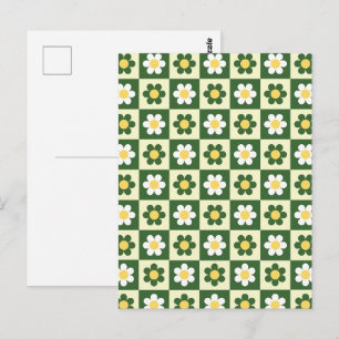 Carte Postale Vert sauge rétro et damier de marguerite crème