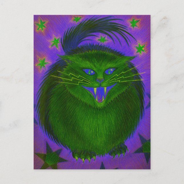 Carte postale verte de chat effrayant (Devant)