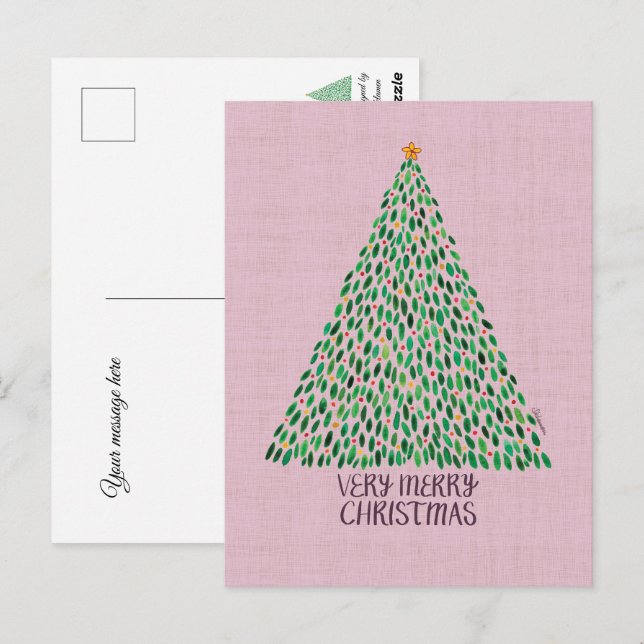 Carte Postale Very Merry Christmas Tree on Pink Postcard (Devant / Derrière)
