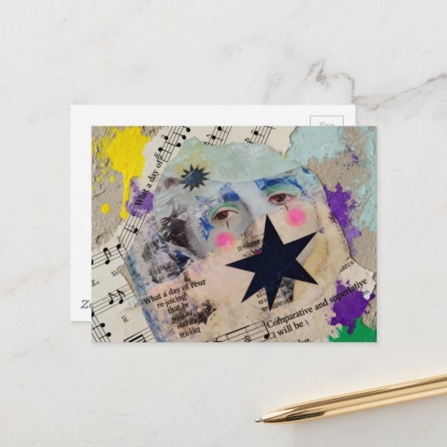 Carte Postale Very Unique colorful person mixed media Collage (Devant/Arrière en situation)