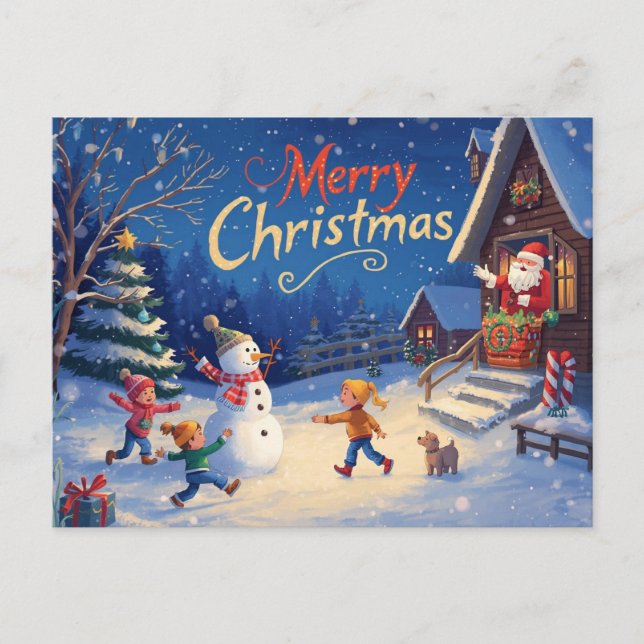 Carte Postale Vibrant Christmas Postcard – Snowman & Santa (Devant)