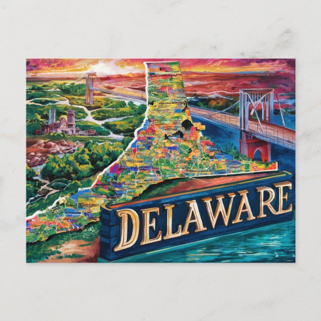 Carte Postale Vibrant Delaware Map Art (Devant)