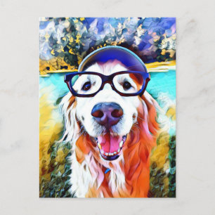 Carte Postale Vibrant Golden Retriever Nerd lunettes Peinture