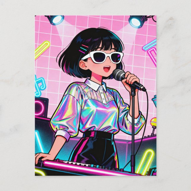 Carte Postale Vibrant Japanese Karaoke Pop Art Girl (Devant)