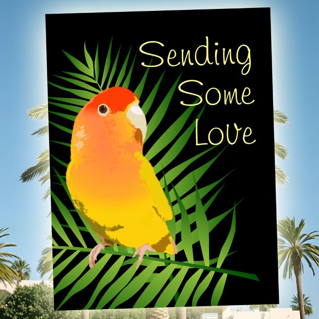 Carte Postale Vibrant Jaune Lovebird Joyeux Animal de compagnie  (bright yellow Lovebird postcard pop art style for pet loss or greeting, peachfaced lutino pet bird.)