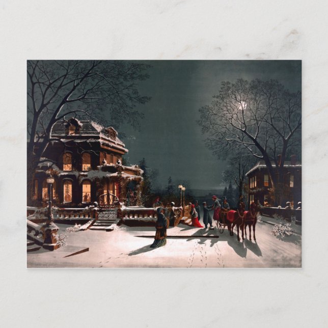 Carte Postale Victorian Christmas Eve Party Mansion Sleigh Snow (Devant)