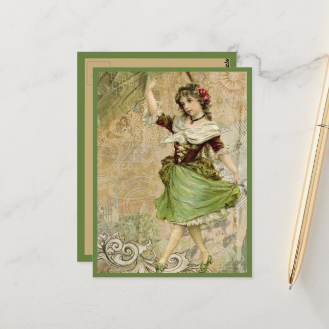 Carte Postale Victorian Dancing Girl Green Rose rouge (Devant/Arrière en situation)