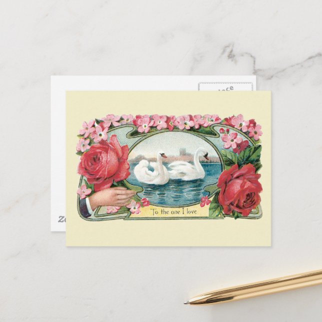 Carte postale Victorian Friendship Roses et Swans (Devant/Arrière en situation)