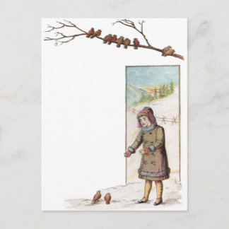 Carte Postale Victorian Girl Nourrir des oiseaux en neige