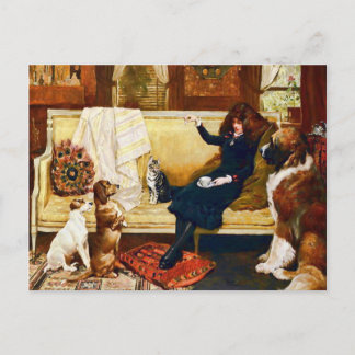 Carte Postale Victorian Girl with Pets Art Vintage