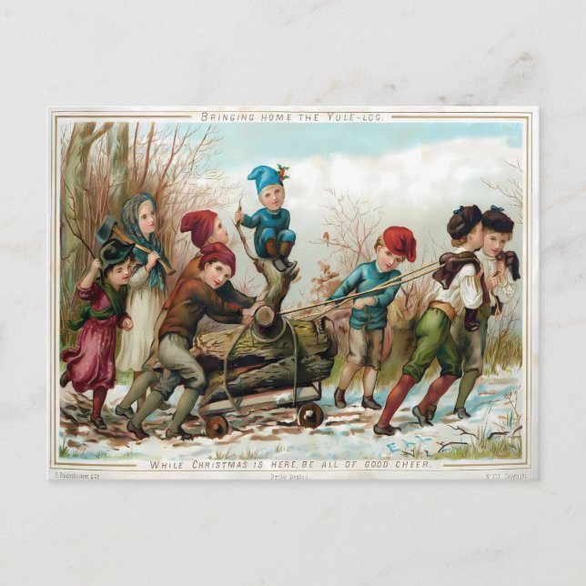 Carte Postale Victorian Kids Bringing Home the Yule Log (Devant)