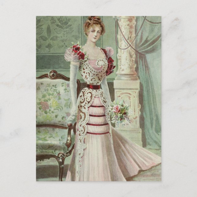 Carte Postale Victorian Lady–Vintage French Fashion –Pink Dress (Devant)