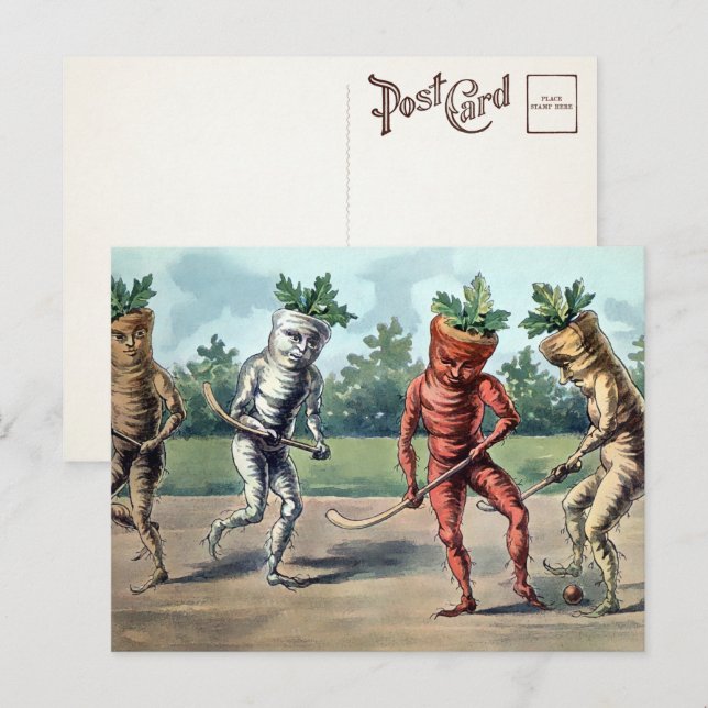 Carte postale victorienne de carottes jouant au ho (Devant / Derrière)