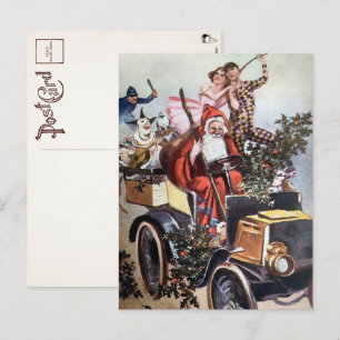 Carte postale victorienne de Père Noël en voiture