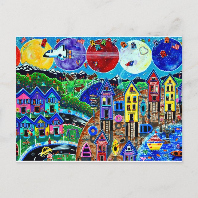 Carte Postale Vie amusante Plage Espace Navette Planètes Océan E (Devant)