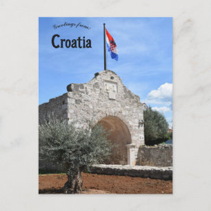 Carte Postale Vieille Porte et Drapeau à Nin Croatie