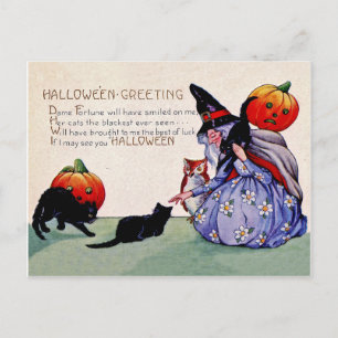 Carte Postale Vieille sorcière avec citrouilles et chats noirs, 