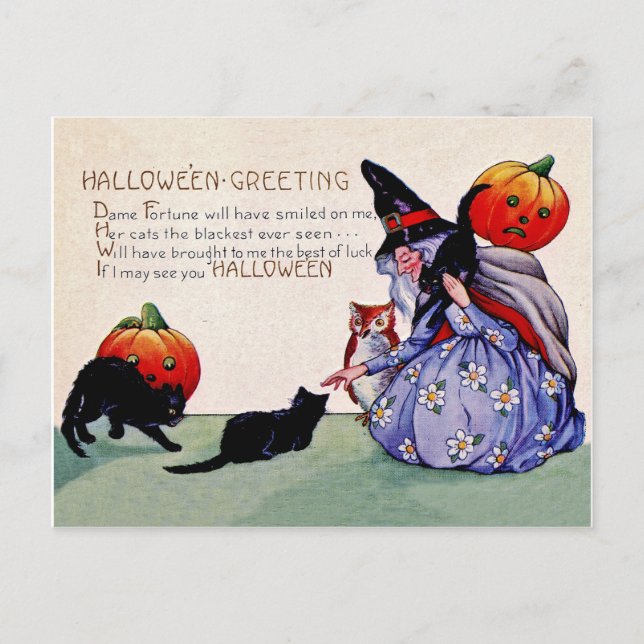 Carte Postale Vieille sorcière avec citrouilles et chats noirs,  (Devant)