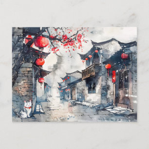 Carte Postale Vieille ville chinoise aquarelle illuminée de lant