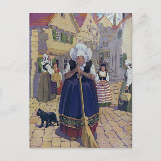 Carte Postale Vielle Femme, Chat et Broom Nursery Rhyme (Devant)