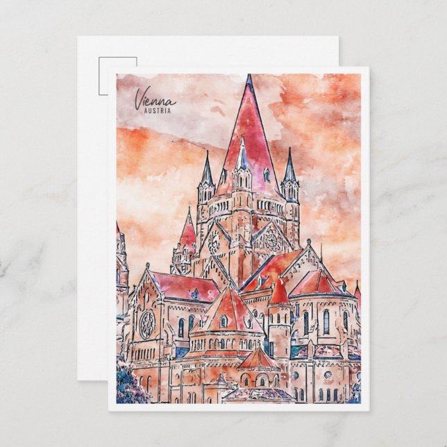 Carte Postale Vienne Autriche vintage voyage aquarelle (Devant / Derrière)