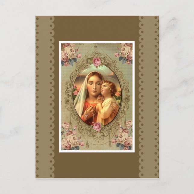 Carte Postale Vierge Marie Madonna Enfant Jésus Rosaire Roses (Devant)