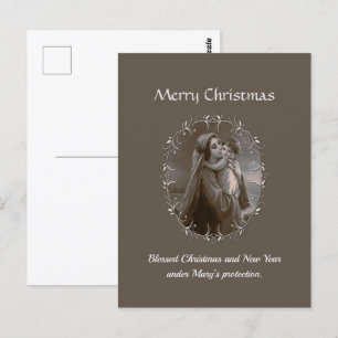 Carte Postale Vierge vintage et enfant avec cadre argenté