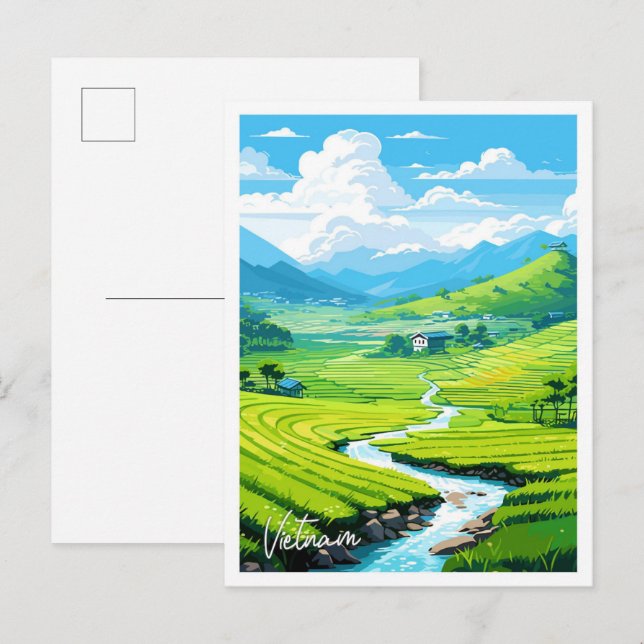 Carte Postale Vietnam Art Travel - illustration Vintage (Devant / Derrière)