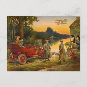 Carte Postale Vieux Biplane Et Tourisme Voiture Scène Vintage