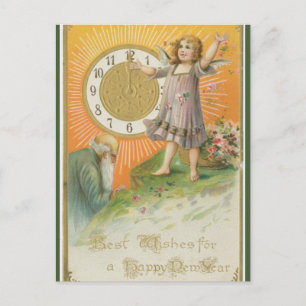 Carte Postale Vieux Homme Ange Jeune Avec Horloge Nouvel An