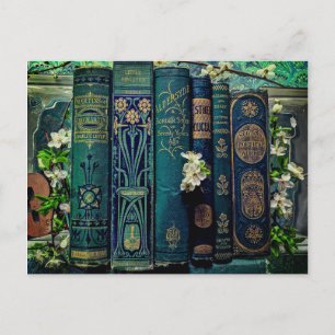 Carte Postale Vieux livres verts et fleurs