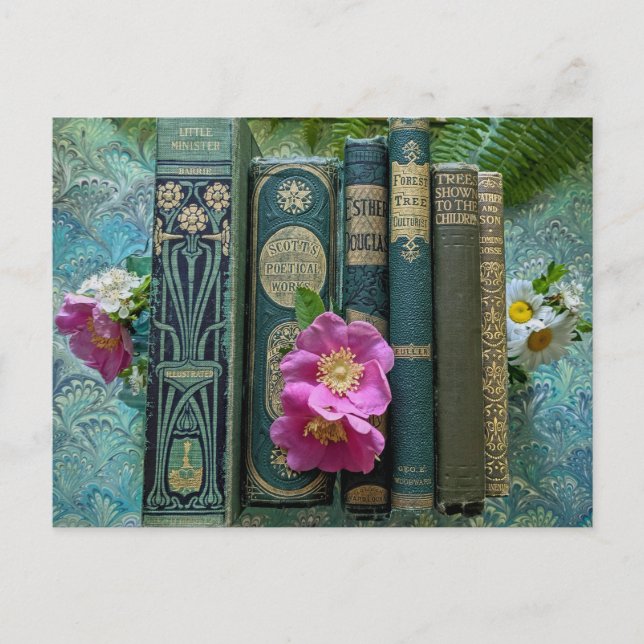 Carte Postale Vieux livres verts et roses roses sauvages (Devant)