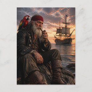 Carte Postale Vieux Pirate et Ara Rouge au Coucher du Soleil