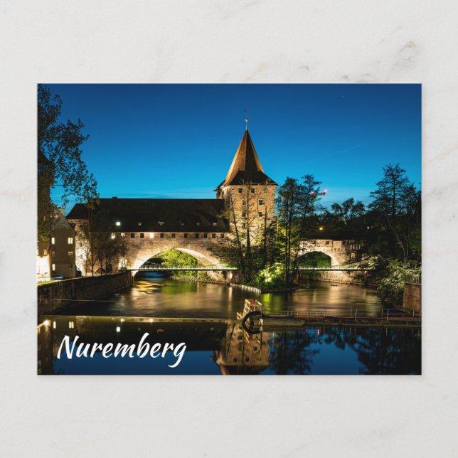 Carte Postale Vieux pont médiéval la nuit à Nuremberg (Devant)
