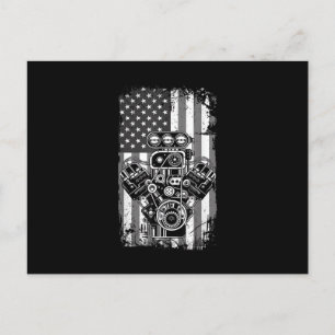 Carte Postale Vieux Véhicule Musclé Piston Drapeau Américain Méc