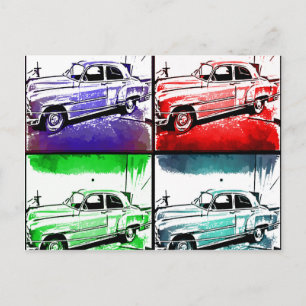Carte Postale Vieux Vintage Voiture Aquarelle Pop Art Imprimer