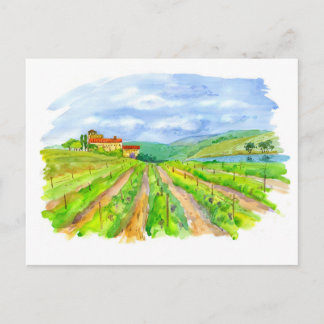 Carte Postale Vignoble ensoleillé avec paysage aquarelle de lac