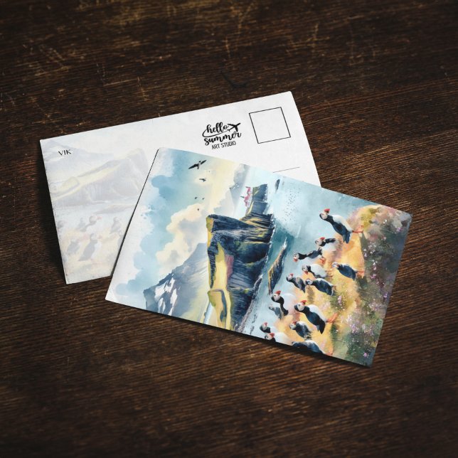 Carte postale Vik Puffins Islande Watercolor (Créateur téléchargé)
