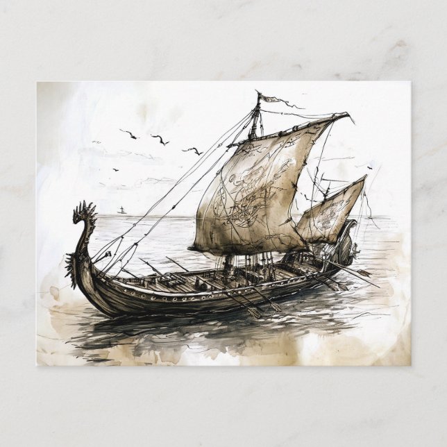 Carte Postale Viking Drawing of a Norse Viking ship (Devant)