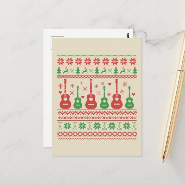 Carte Postale Vilain joyeux pull de Noël guitare acoustique (Devant/Arrière en situation)