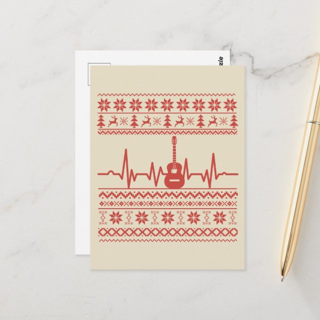 Carte Postale Vilain joyeux pull de Noël guitare acoustique (Devant/Arrière en situation)