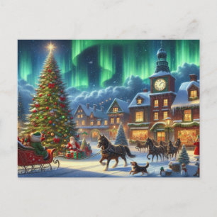 Carte Postale Village de Noël d'hiver Aurora Borealis peinture
