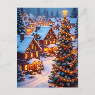 Carte Postale Village de Noël enneigé ❄️ Lueur de l'Arbre d'Hive
